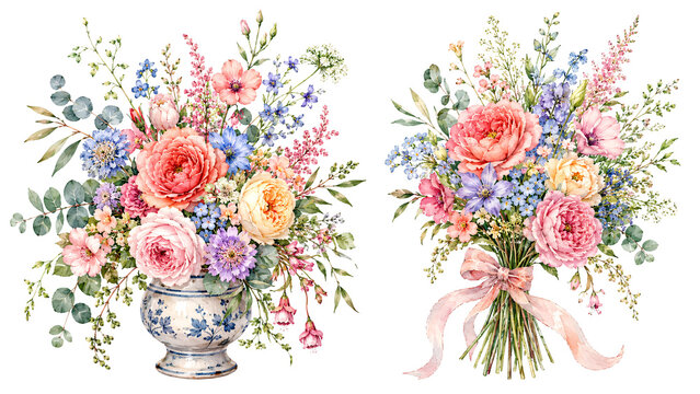 Watercolor illustration of beautiful rose flowers in a vase.