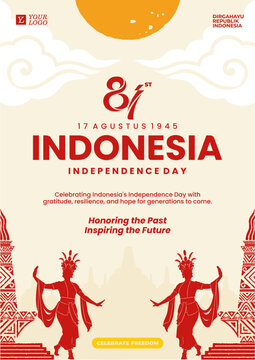Indonesia Independence Day Poster with Traditional Indonesian Ornament, Cultural Dance, Landmark, 17 August 1945 National Celebration