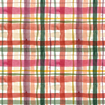 Watercolor plaid pattern with vibrant colors on seamless background.