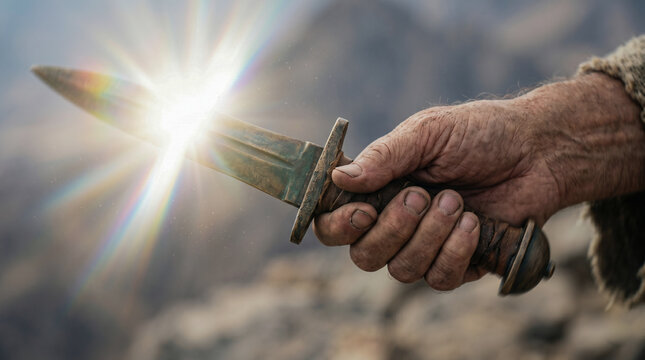Abraham preparing to sacrifice his son Isaac on a stone altar on Mount Moriah before an angel intervenes