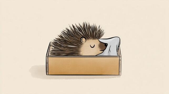 Cute cartoon-style sleepy hedgehog in a matchbox bed. Cute, cartoon image of good night for toddler boys and girls, phone wallpaper, for advertising