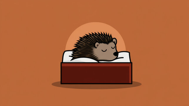 Cute cartoon-style sleepy hedgehog in a matchbox bed. Cute, cartoon image of good night for toddler boys and girls, phone wallpaper, for advertising