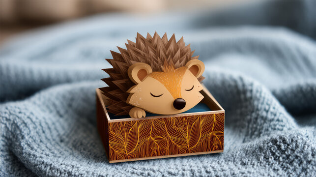 Cute cartoon-style sleepy hedgehog in a matchbox bed. Cute, cartoon image of good night for toddler boys and girls, phone wallpaper, for advertising