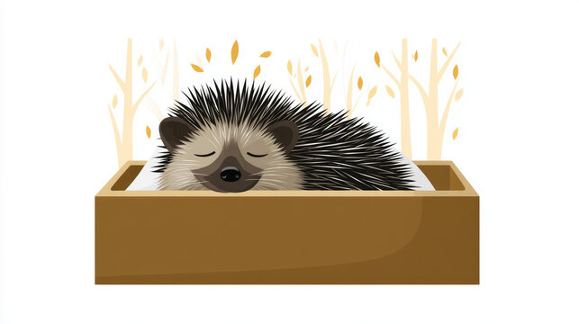 Cute cartoon-style sleepy hedgehog in a matchbox bed. Cute, cartoon image of good night for toddler boys and girls, phone wallpaper, for advertising
