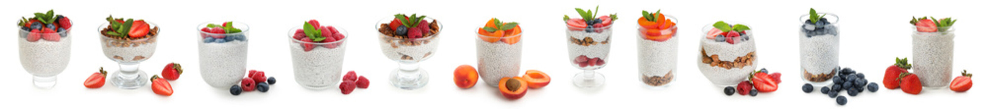 Healthy chia seed puddings with fresh berries, granola, and apricots in various glass cups, isolated on a white background