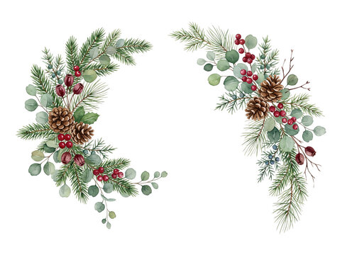 Winter festive wreath frame made of pine branches and berries.