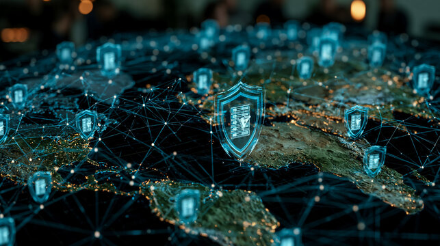 Global Network Security Shields Connecting World Map Locations