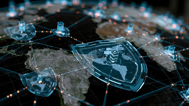 Digital Security Shield Protecting Global World Map Network