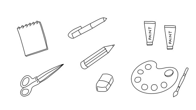 Minimalist Black and White Line Art Illustration of School and Art Supplies Doodle Set Isolated on White Background