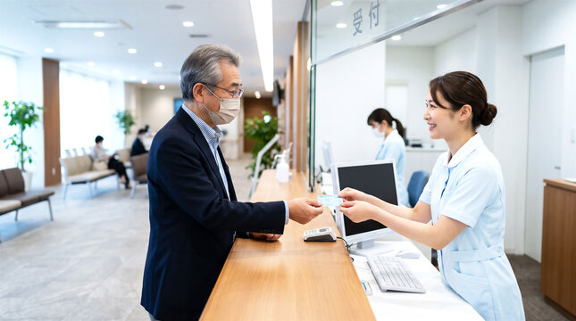 受付で保険証を提示する男性