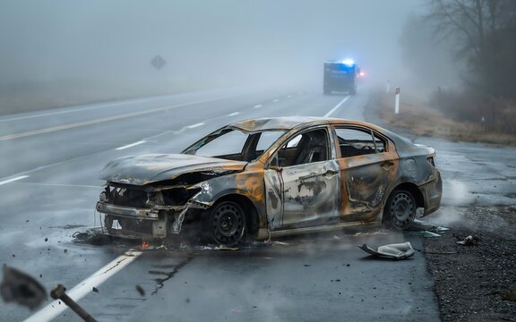 Burnt out car wreck on a road in the mist for insurance claim and tragic accident concept