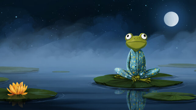 Cute cartoon frog in pajamas on a lily pad in moonlit pond . A good night picture for little boys and girls, a phone screensaver, for advertising