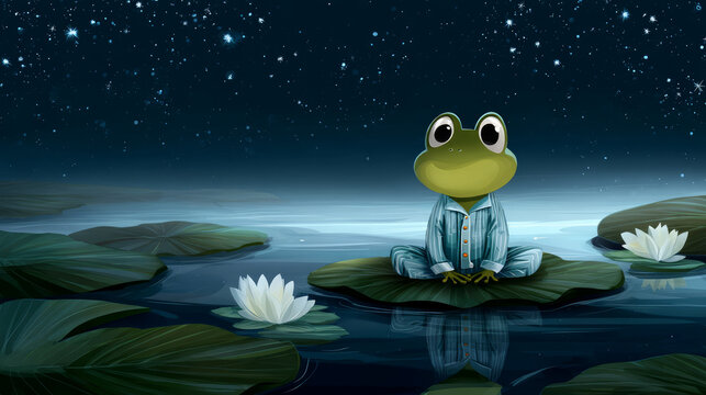 Cute cartoon frog in pajamas on a lily pad in moonlit pond . A good night picture for little boys and girls, a phone screensaver, for advertising