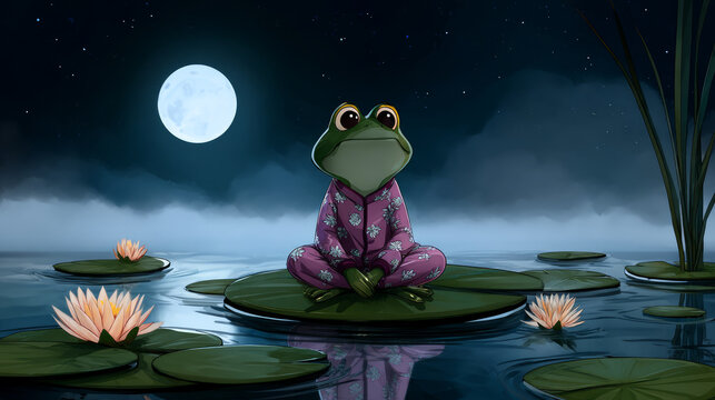Cute cartoon frog in pajamas on a lily pad in moonlit pond . A good night picture for little boys and girls, a phone screensaver, for advertising
