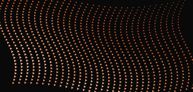 Abstract golden halftone wave pattern, glowing orange dot matrix on black background, futuristic digital particle flow vector illustration