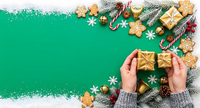 Festive Christmas Flat Lay with Hands Holding Golden Gifts and Holiday Decorations