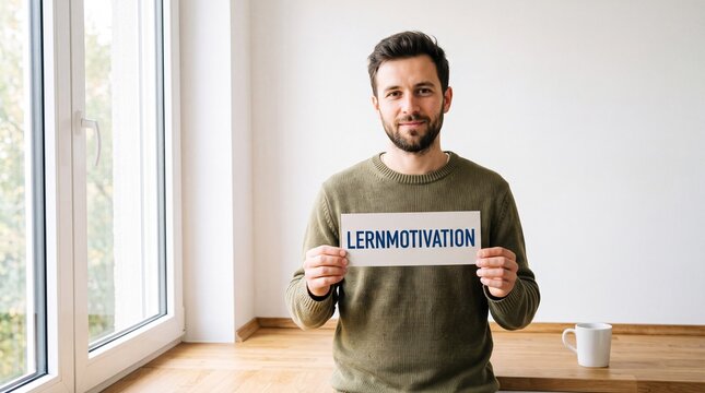 Junger Mann mit Bart h&auml;lt l&auml;chelnd ein Schild mit dem Wort Lernmotivation vor einem hellen Fenster