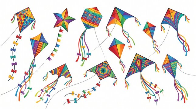 Colorful kites with geometric shapes, vibrant patterns, flowing tails, playful bows, soaring in clear sky, symbolizing creativity, freedom, joy, diversity.