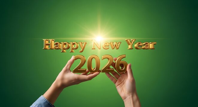 Happy New Year 2026 Golden Numbers Held by Hands on Bright Green Background