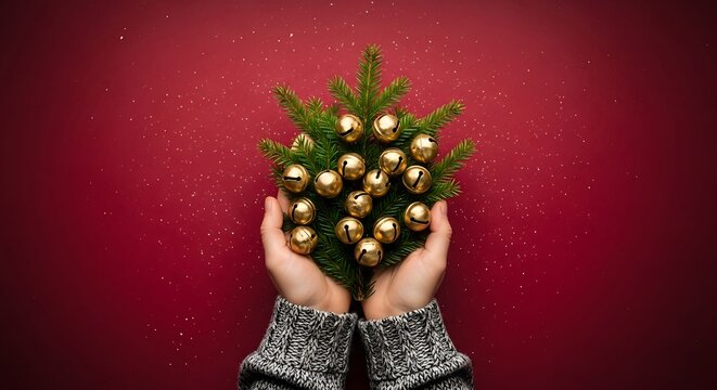 Cozy Winter Hands Holding Golden Christmas Bells and Fir Branches on Red