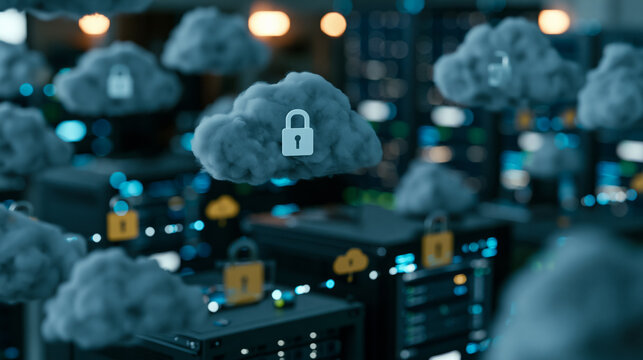 Secure Cloud Computing Network with Padlock Icons, Data Protection and Server Security Concept