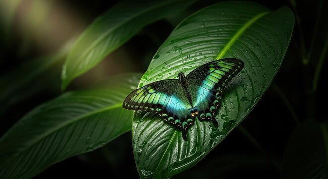 Pipevine Swallowtail Butterfly resting on a wet green leaf