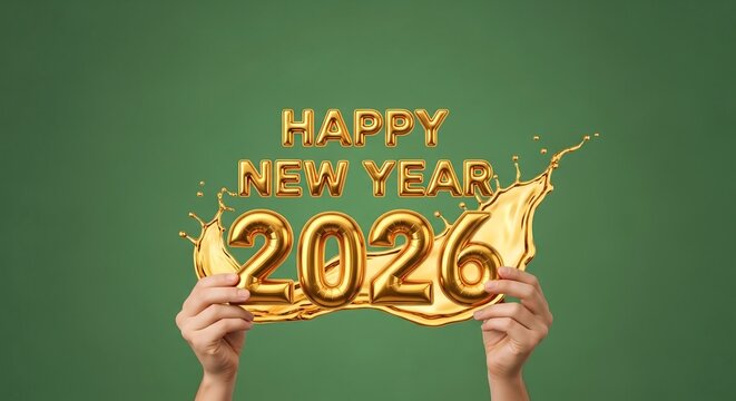 Hands Holding Golden Happy New Year 2026 Greeting on Vibrant Green Background