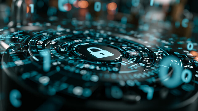 Digital Security Dial with Padlock and Binary Numbers, Cybersecurity Technology Concept