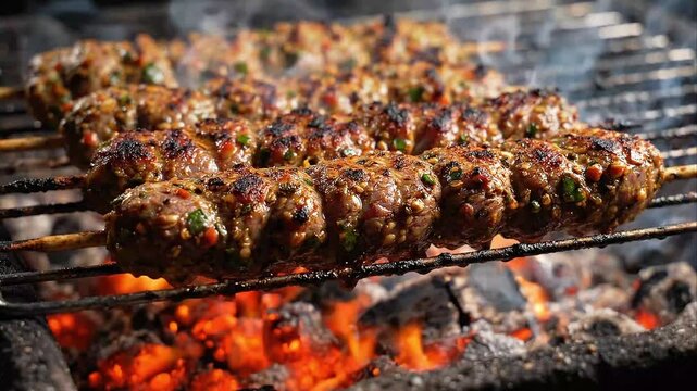 Traditional Minced Meat Seekh Kebabs Grilling Over Hot Charcoal