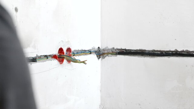 Low angle view of chiseled cable conduits and worker feet