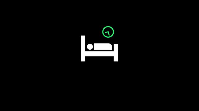 Hospital Bed with Clock Icon. Patient Care, Hospital Stay Duration, Healthcare, Medical Ward, Recovery Room, Inpatient Service, Modern Flat Medical UI Icon on Black Background