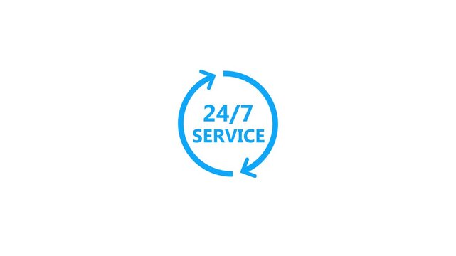 24 Hours Service Icon with Circular Arrow. Round-the-Clock Support, 24/7 Availability, Customer Service, Continuous Assistance, Modern Flat UI Icon Isolated on Black Background