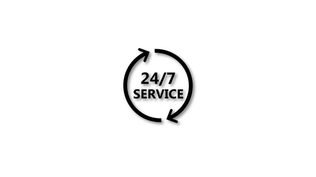 24 Hours Service Icon with Circular Arrow. Round-the-Clock Support, 24/7 Availability, Customer Service, Continuous Assistance, Modern Flat UI Icon Isolated on Black Background