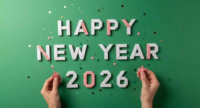 Happy New Year 2026 Celebration with Hands Arranging Festive Decor