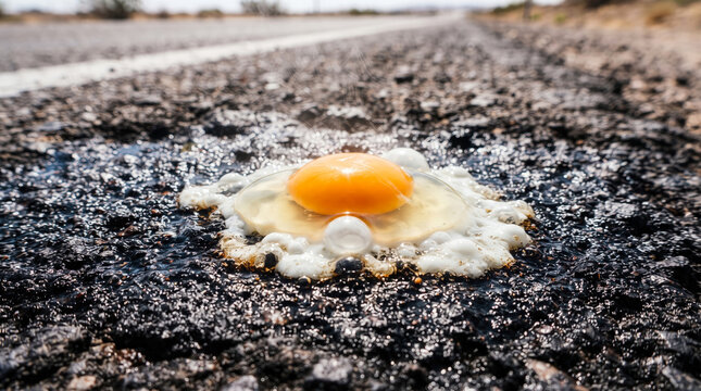 Raw egg frying on hot asphalt road surface during extreme heat wave and summer weather conditions
