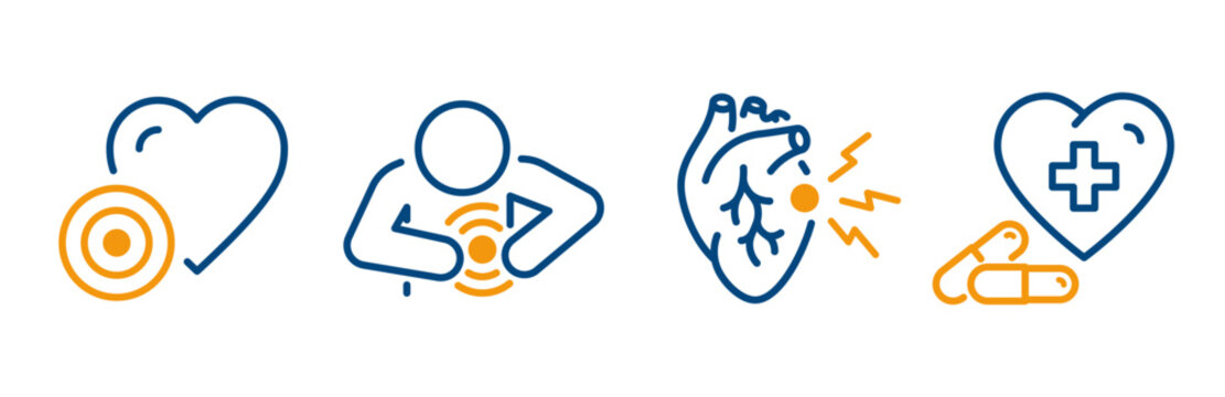 heart ache icon set, outline icons of cardiac pain, heart  attack, myocardial infarction, cardiology drug, thin line symbols on white background - editable stroke vector illustration