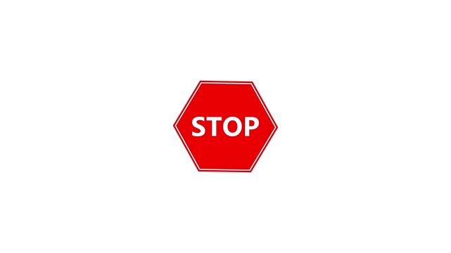 Stop Sign Text Animation. White Hexagon Warning Symbol, Halt Message, Emergency Stop Notice, Safety Alert, Traffic Control, Modern Flat UI Motion Graphic on Black Background