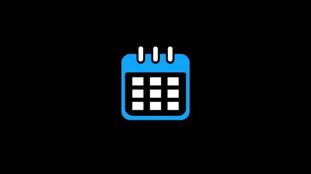 Blue Calendar Icon Animation. Event Schedule, Date Reminder, Planner Organizer, Appointment Calendar, Monthly Timetable, Business Planning, Modern Flat UI Motion Graphic on Black Background