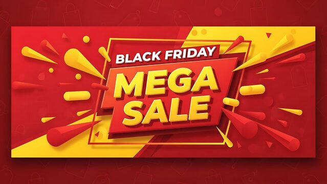 Black friday mega sale promotional banner with dynamic 3d geometric shapes