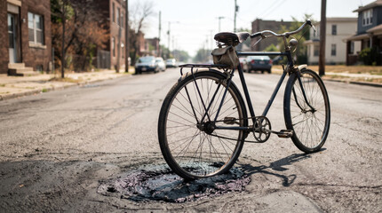 Obraz premium Old bicycle wheel stuck in a deep pothole on a cracked asphalt road in a quiet suburban street