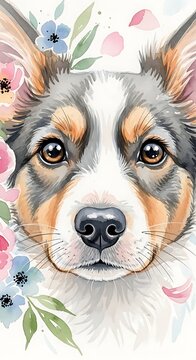 Cute Watercolor Puppy Portrait with Botanical Spring Flowers