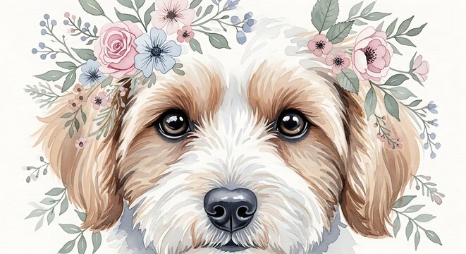 Cute Watercolor Dog Portrait with Floral Wreath Banner Illustration