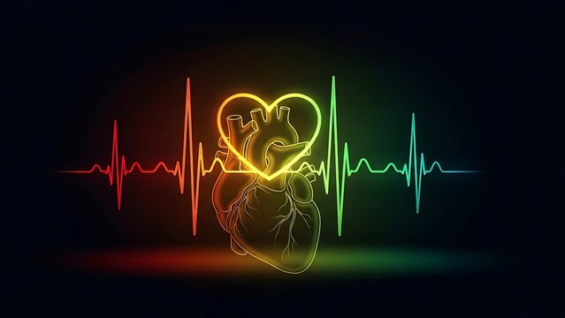 Neon heart illustration with ekg pulse line on dark background
