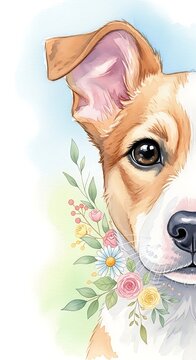 Cute Watercolor Puppy Portrait with Botanical Spring Flowers