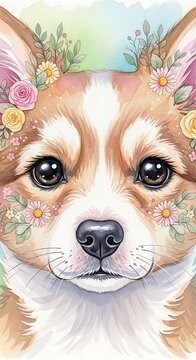Cute Watercolor Puppy Portrait with Botanical Spring Flowers