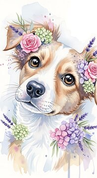 Cute Watercolor Puppy Portrait with Botanical Spring Flowers