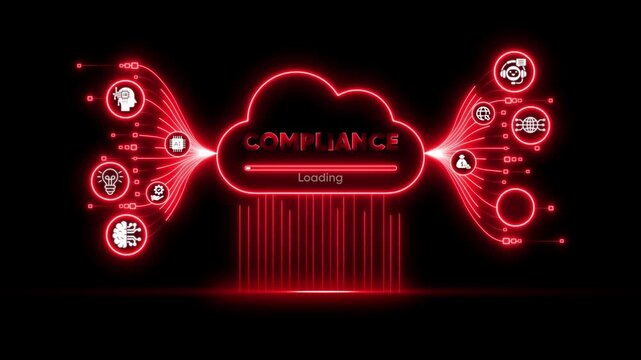 Neon compliance cloud loading animation: digital data security and network connectivity