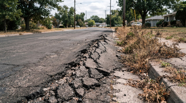 Severe pavement buckling and asphalt road damage caused by extreme heat and thermal expansion.