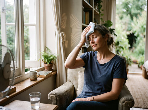 Woman suffering from heat exhaustion using a cool cloth to lower body temperature at home.
