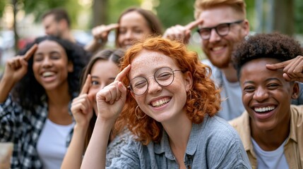 Obraz premium Big Forehead Day: a diverse group of friends laughing together, all playfully pointing at their foreheads, celebrating a quirky holiday, natural outdoor lighting, park background softly blurred